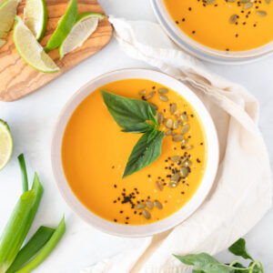 Roasted Butternut Squash Coconut Curry Soup with basil and lime