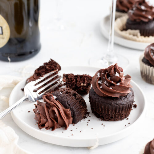 Double Chocolate Cupcakes with champagne and fork