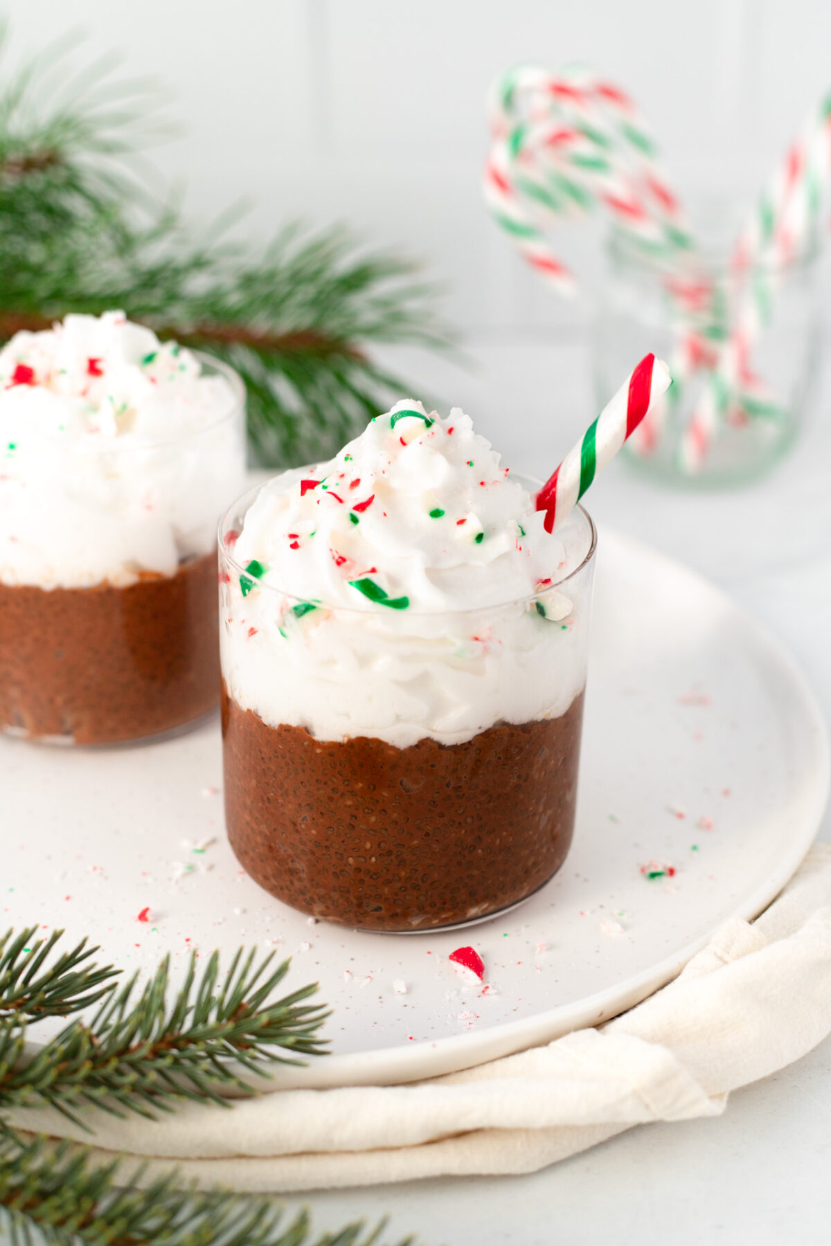 Peppermint Hot Chocolate Chia Pudding with Christmas Decor