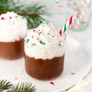 Peppermint Hot Chocolate Chia Pudding with Christmas Decor