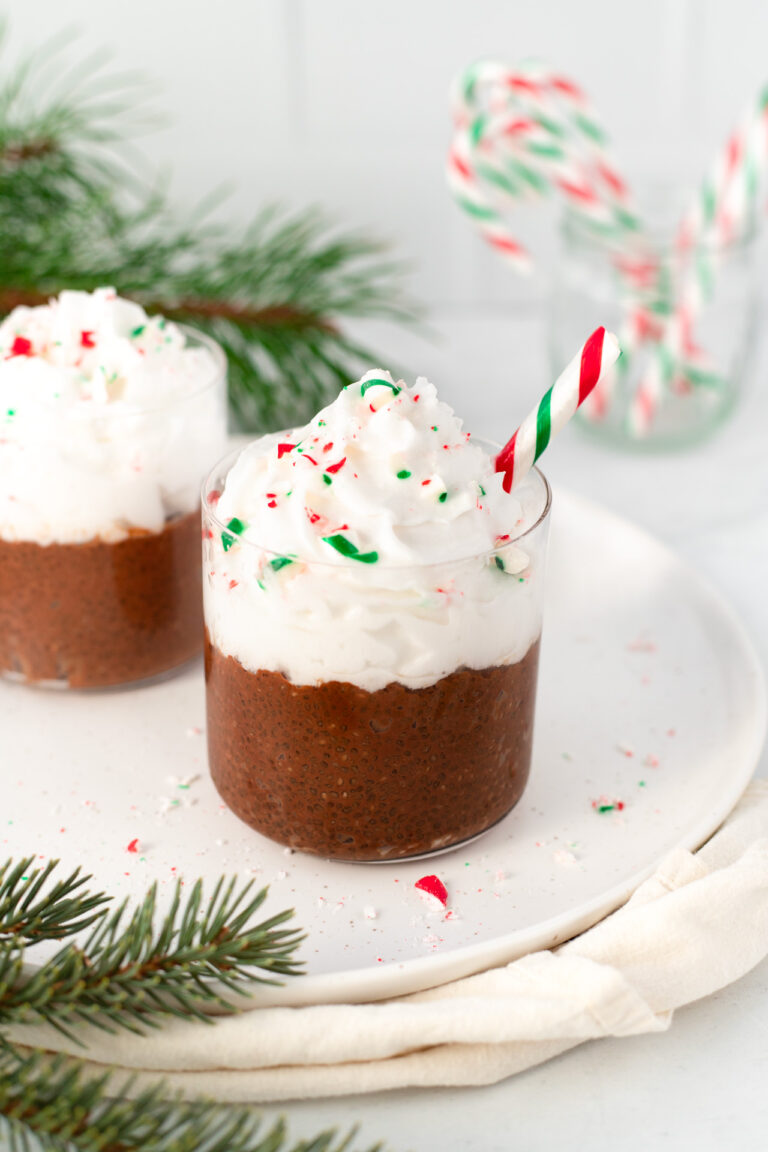 Peppermint Hot Chocolate Chia Pudding with Christmas Decor