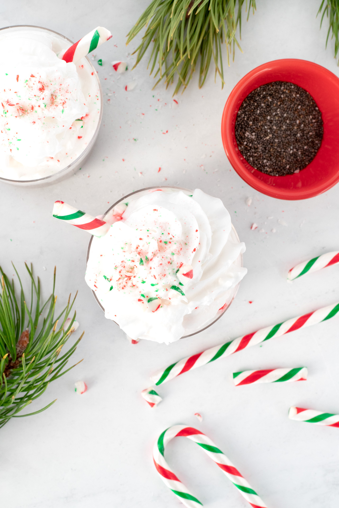 Peppermint Hot Chocolate Chia Pudding with candy canes