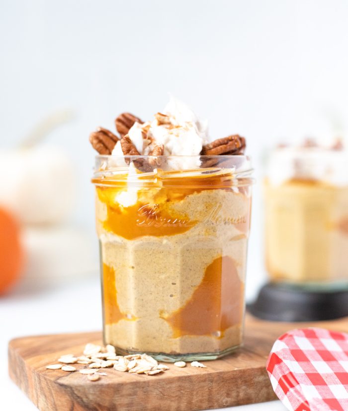 Creamy Pumpkin Pie Overnight Oats in a jar