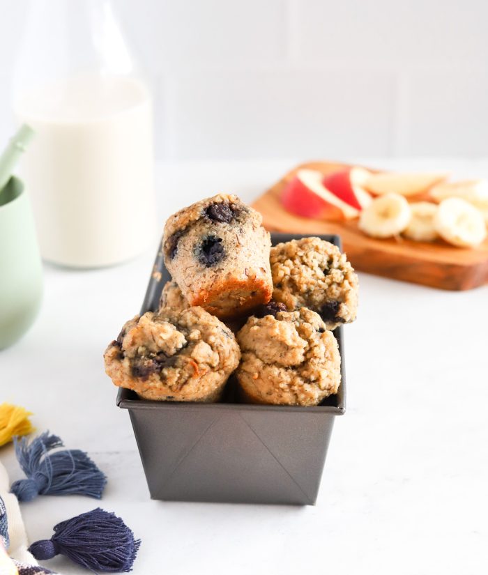 Healthy mini blueberry muffins in a bread tin