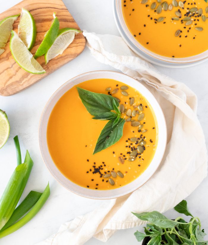 Roasted Butternut Squash Coconut Curry Soup with basil and lime