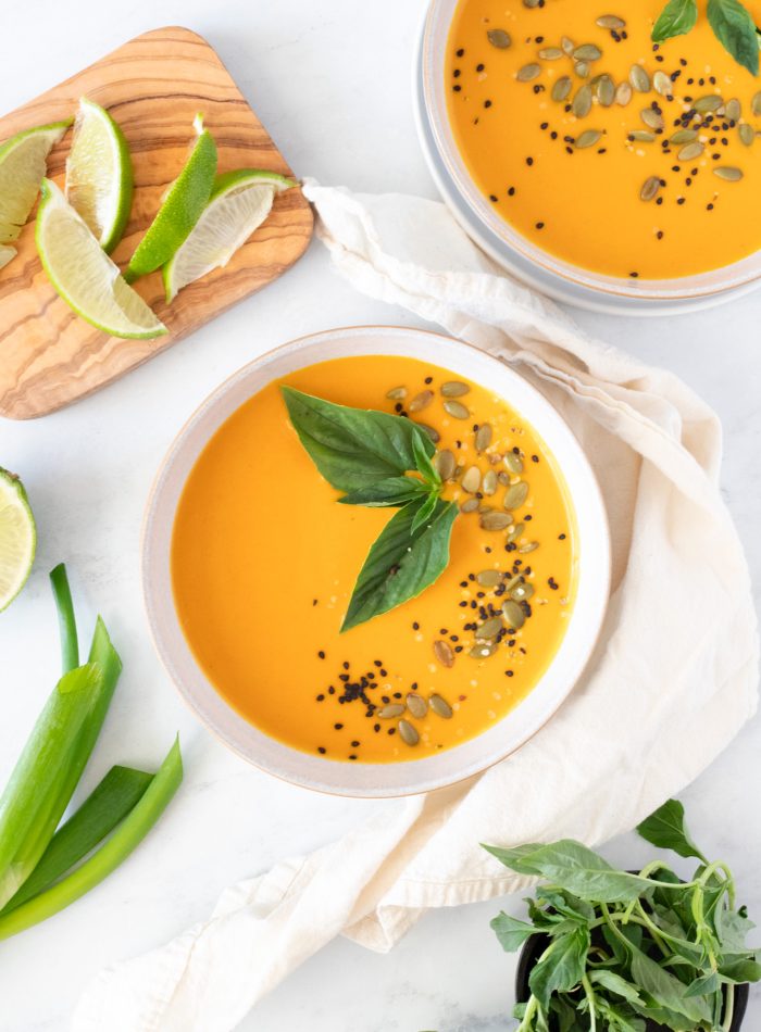 Roasted Butternut Squash Coconut Curry Soup with basil and lime